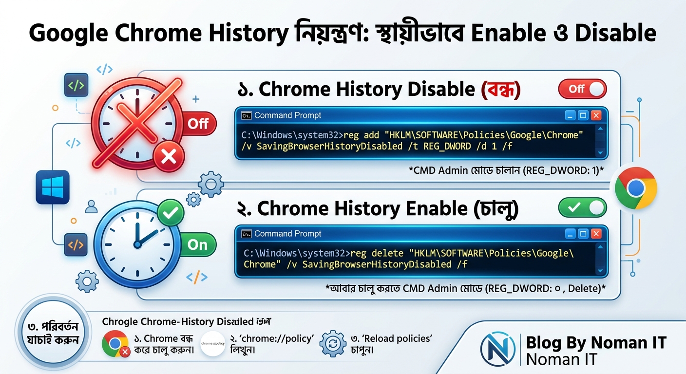 Google Chrome History স্থায়ীভাবে Enable ও Disable করার CMD Command